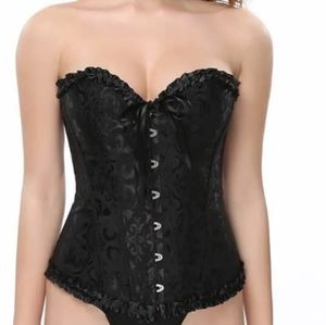 Black Brocade Corset, front busk, back‎ lacing, plus size